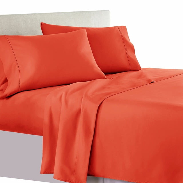Solid Coral Split-Queen: Adjustable Queen Bed Size Sheets, 5PC Bed Sheet Set, 100% Cotton, 300 Thread Count, Sateen Solid, Deep Pocket, by Royal Hotel