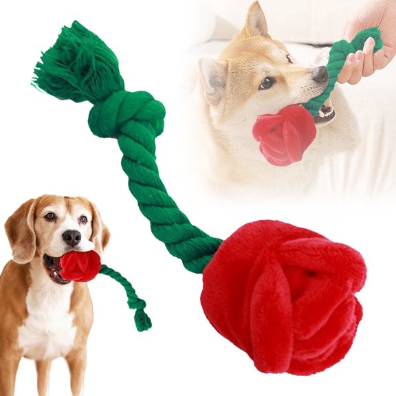 Rose Dog Toys, Valentine Day Toy Squeaky Crinkle Plush Treat Puzzle Interactive Stuffed Chew for Small and Mediums Large Dogs, Red
