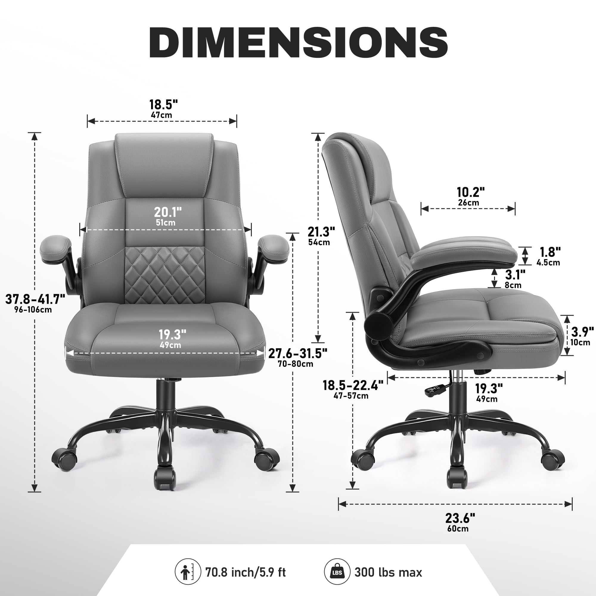 COOLHUT Office Chair, Executive Leather Chair Home Office Desk Chairs, Computer Chair with Adjustable Flip-up Padded Arms, Lumbar Support Swivel Desk Chair with Adjustable Hight and Tilt, Gray