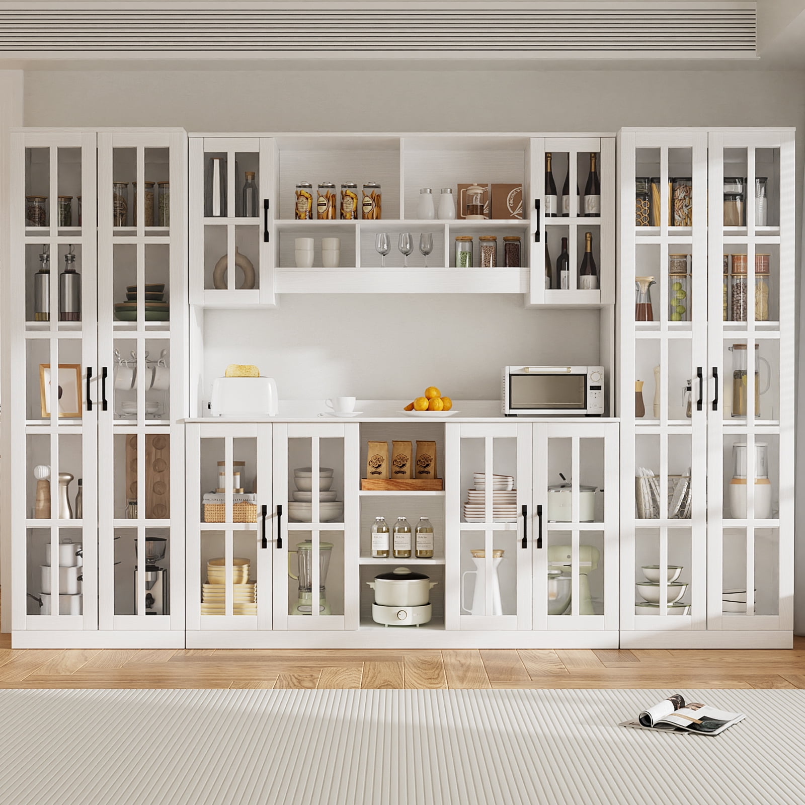 RichYa Pantry Cabinet with Hutch,Kitchen Storage Cabinet with Doors and Shelves,Coffee Bar with 59"Wide Countertop for Dining Room,White(X)