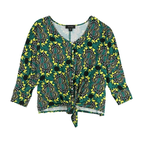 Karen Kane Womens Floral Tie Front Button Down Blouse, Green, Large