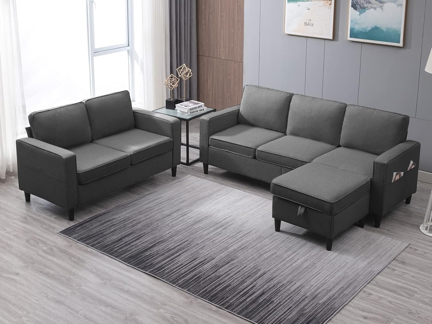 ijuicy 2-Piece Modern Linen Living Room Furniture Set, Dark Gray