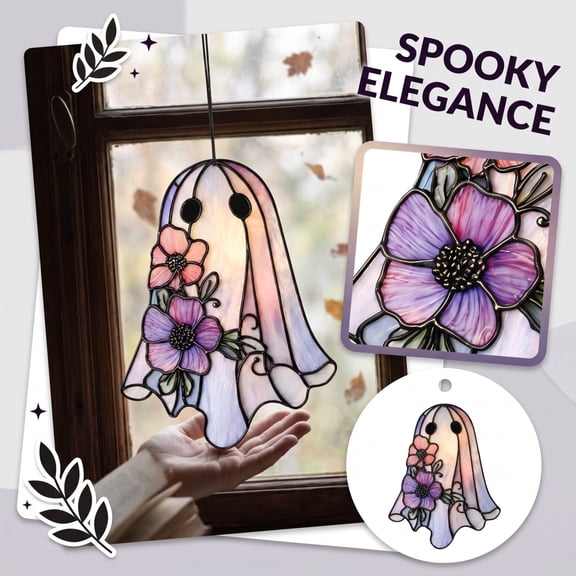 MInHoues Halloween Ghost Suncatcher Decor, Acrylic Stained Glass Window Hanging Floral Ghost Ornament, Spooky Cute Wall Decor for Home Room Window Party Centerpiece, 7.87 x 5.90 inch