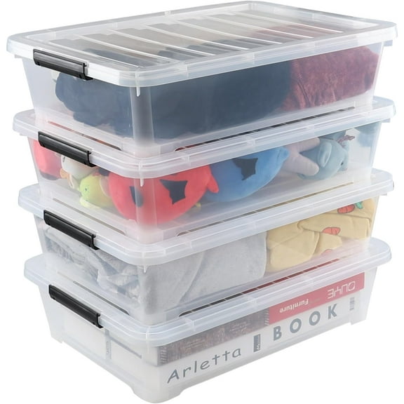 Hespama 40 Qt Plastic Underbed Storage Bin with Wheels, 4 Packs Large Latching Storage Box, Clear
