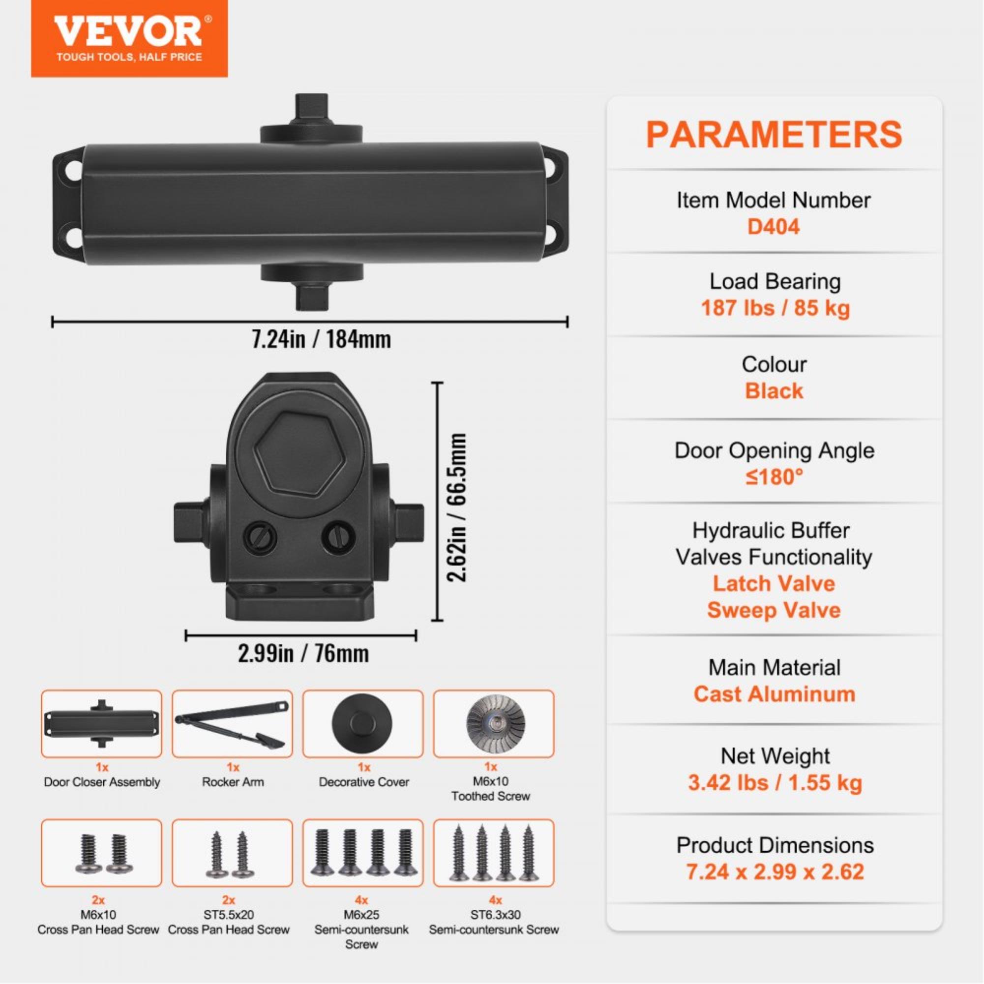 Automatic Door Closer for Commercial or Residential Use, Adjustable Hydraulic Buffer, Heavy Duty Cast Aluminum Body Supports Doors Up to 187 Lbs, Easy Installation - Black