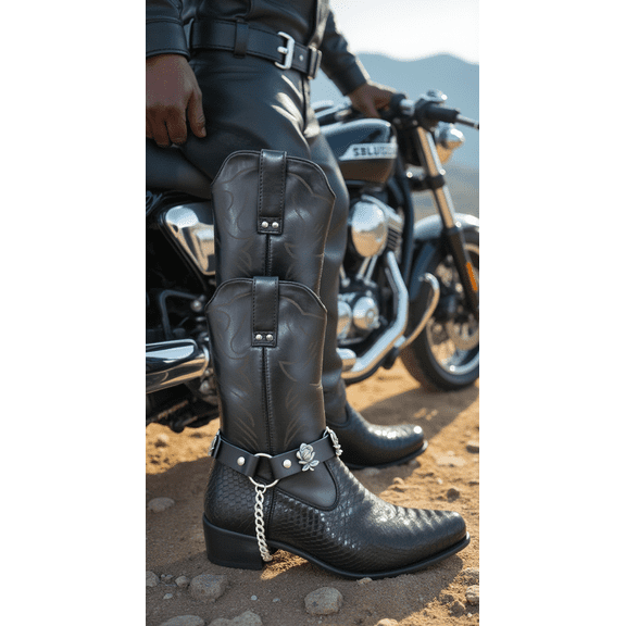 Women’s Silver Rose Flower Boot Chain Straps – Black Faux Leather Double Strap Bracelet – Western Biker Punk Chic Shoe Accessory (One Size, 12"-16")