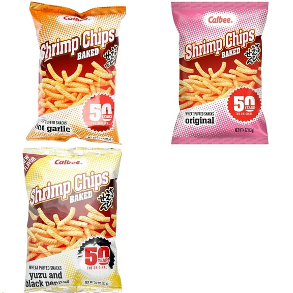 Calbee Shrimp Chip and Jagarico 3 Flavor Mix Bundle(Shrimp Hot Garlic,Shrimp Original,Shrimp Yuzu Pepper) Plus NineChef Brand Spoon