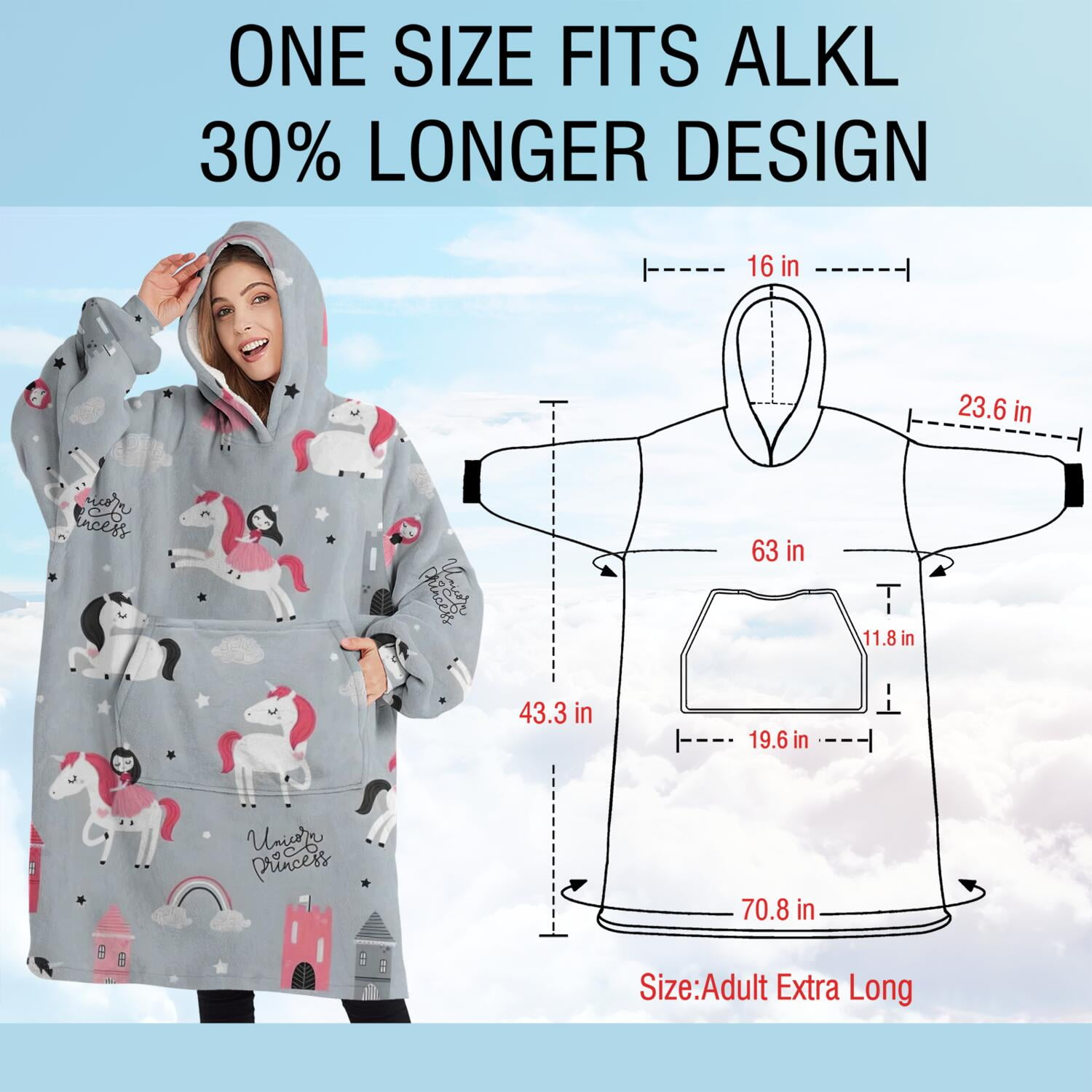 Oversized Wearable Blanket Hoodie,Unicorn Princess Castle Pattern Sherpa Blanket Hoodie with Super Pockets,Super Warm Fuzzy Pullover for Women & Men