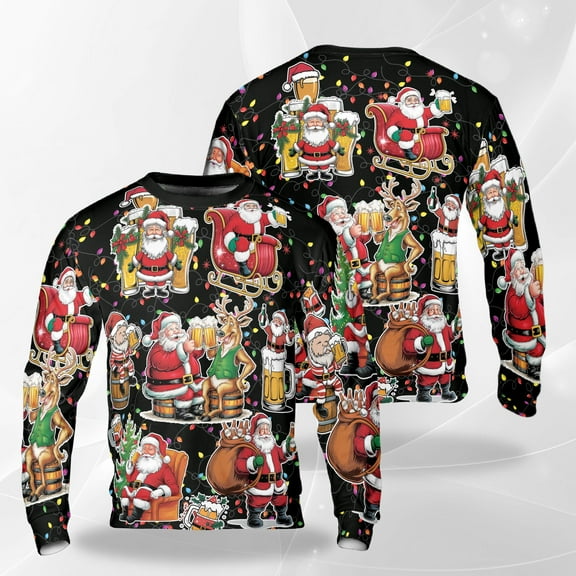Funny Santa Beer Christmas Sweatshirt, Drinking Reindeer Holiday Crewneck, Santa Cheers Party Pullover, Humorous Christmas Sweater for Men Women