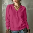 thumbnail image 2 of Drses Women's Oversized V Neck Button Sweatshirt, Collared No-Hood Long Sleeve Solid Stripe Fleece Pullover Tops with Pocket for Gym Daily Casual Wear, 2 of 9