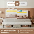 thumbnail image 2 of VanAcc King Size Bed Frame with RGBW LED Light & Charging Station, 50" High Linen Upholstered Platform Bed with 2-Tier Storage Headboard, White, 2 of 7