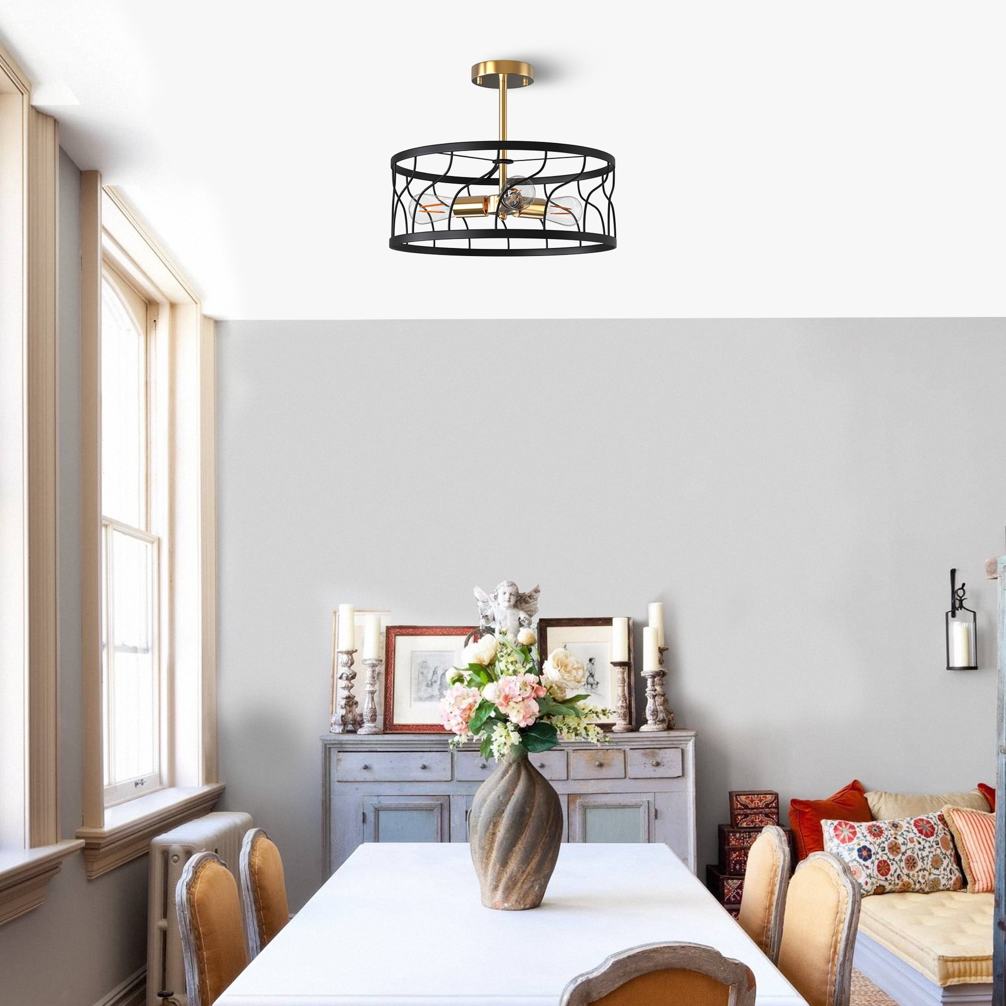 Vintage Gold Drum Ceiling Light With Fabric Shade - 3 Light Semi-Flush Mount For Kitchen, Bedroom & Living Room