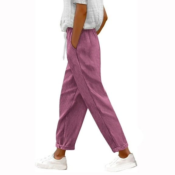 ABATAB Women's Casual Corduroy Pants Drawstring Elastic High Waist Straight Leg Pants Loose Fit Comfy Trousers with Pockets