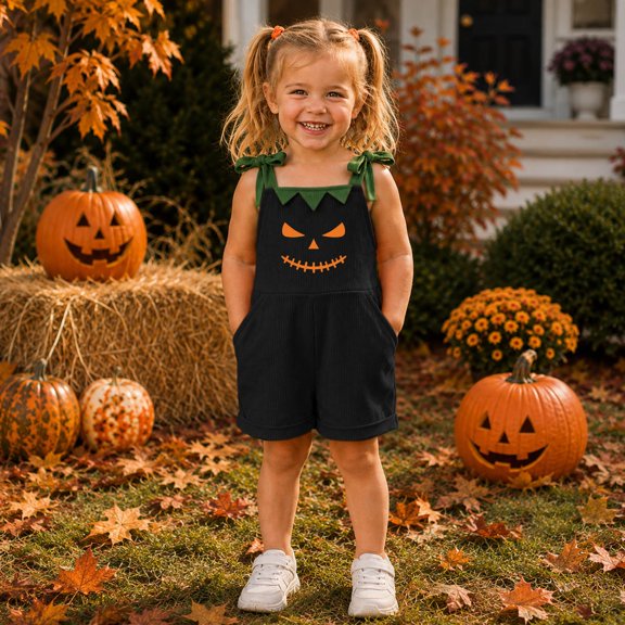 FASHOFT Kids Halloween Costumes Smiley Face Print Suspender Pants Fashion Casual Overalls Comfortable Trousers For Toddlers Kids Halloween Clothes Black 12-18 Months