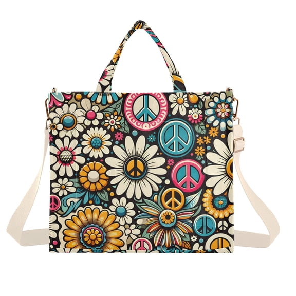 Daisy Flower Peace Symbol Corduroy Tote Bag Handbag Large Messenger Bag Shoulder Crossbody Zipper Bag Purse