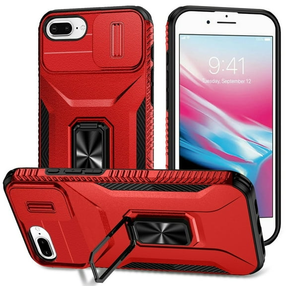 For iPhone 8 Plus/7 Plus Complete Magnetic Metal Ring Stand Camera Protection Hybrid - Red