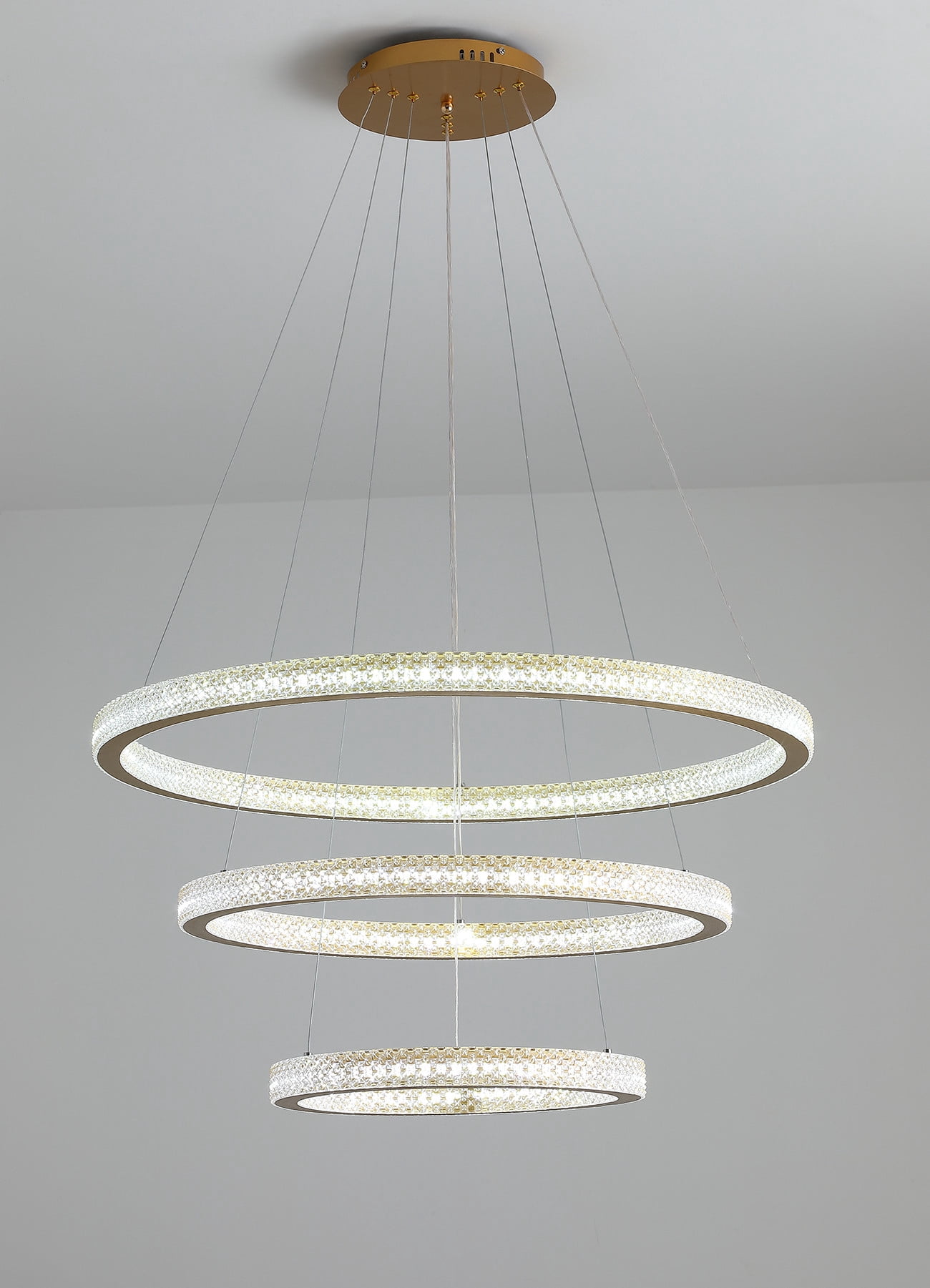 Aiwen Gold Finished 3 Tiered Crystal Rings Linear Chandelier Stylish Pendant Light