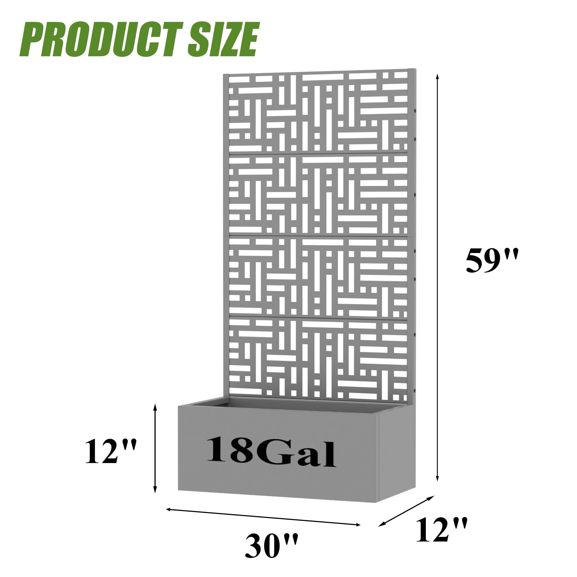 MAYEERTY 59X30" Metal Outdoor Gray Privacy Screen with Planter Box for Backyard & Garden, 4 Piece Set