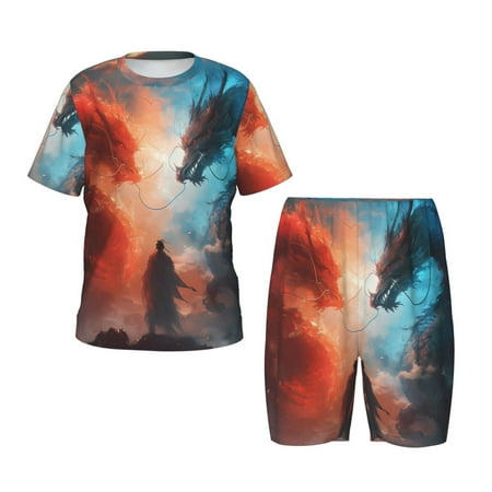 Luyuia Red And Blue Sky Dragon Print Girls  2-Piece Tie-Dye Pajama Set  Cute Summer Loungewear with Shirt and Tank Shorts Nightwear-Large