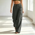 thumbnail image 6 of Womens Loose Wide Leg Cargo Pants Linen-Like Partial Elastic Waist Button Zip Fly Multi Pocket Casual Trousers, 6 of 9