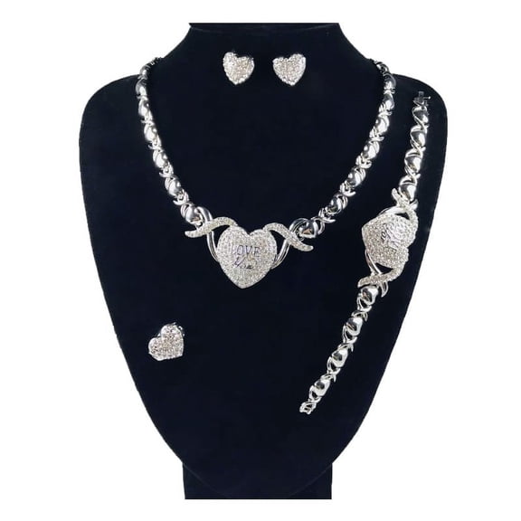 Jewelry Set For Women's - Women Hugs & Kisses XOXO 4 Pieces Necklace Set Love You Heart Charm Includes Ring Bracelet & Earrings 18k Gold Plated Layered - Silver