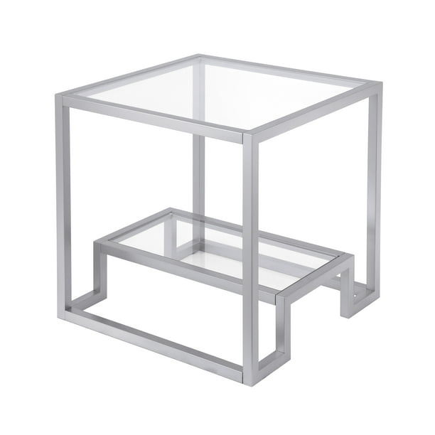 Geometric Modern Glass Side End Table With Storage Shelf Square Accent For Living Room Sofa Night Stand Bedroom In Nickel Finish 30 H X 40 75 L 14 W Geometric Modern Glass Side End Table, Square Glass Side Table With Shelf