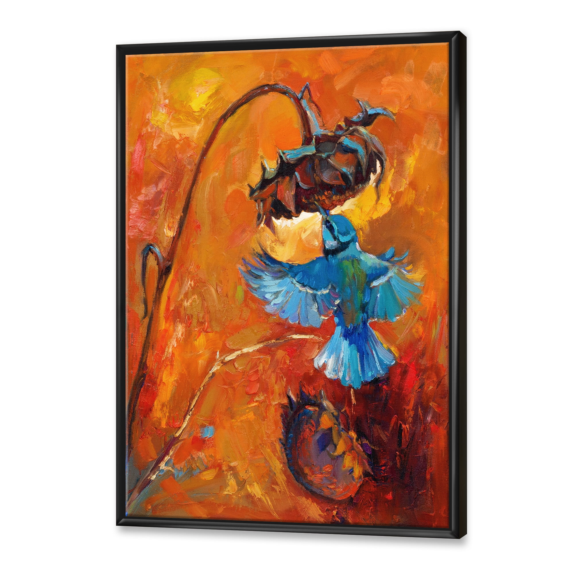 Designart 'Blue Hummingbird On Orange Sunflower' Traditional Framed Canvas Wall Art Print