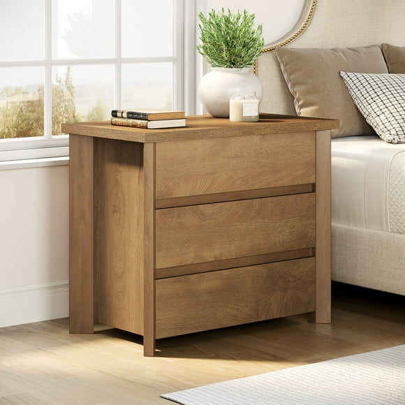 Fnova Table de Nuit en Bois avec 3 Tiroirs, Grande Table de Nuit Style Ferme avec Rangement pour Chambre et Petits Espaces, Assemblage Facile, Brun Rustique
