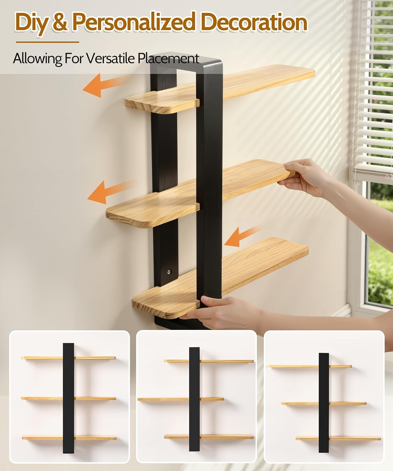 Gronda Adjustable Floating Shelves for Wall 3 Tier Wood Shelf for Bathroom, Bedroom, Living Room, Easy Install, Nature Black Decor Storage Shelf, 20in