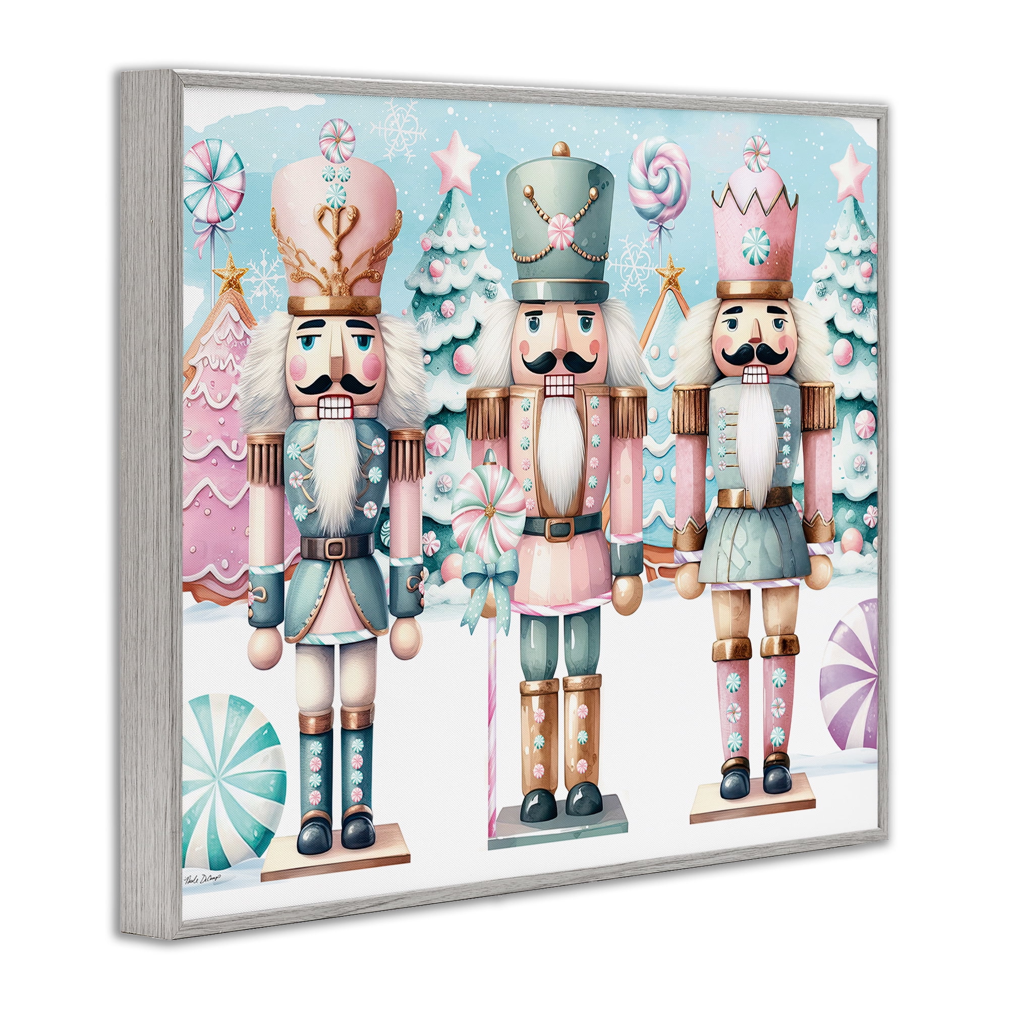 Stupell Industries Pastel Nutcracker Trio Holiday Painting Gray Framed Art Print Wall Art, 14 x 11