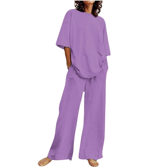 Hvobtty Ensembles de Blouses Décontractées à Manches Courtes Col Rond pour Femmes, Été Blouses Décontractées à Manches Courtes Col Rond/en Vrac Tube Droit avec Poche Ensemble Pantalon Long