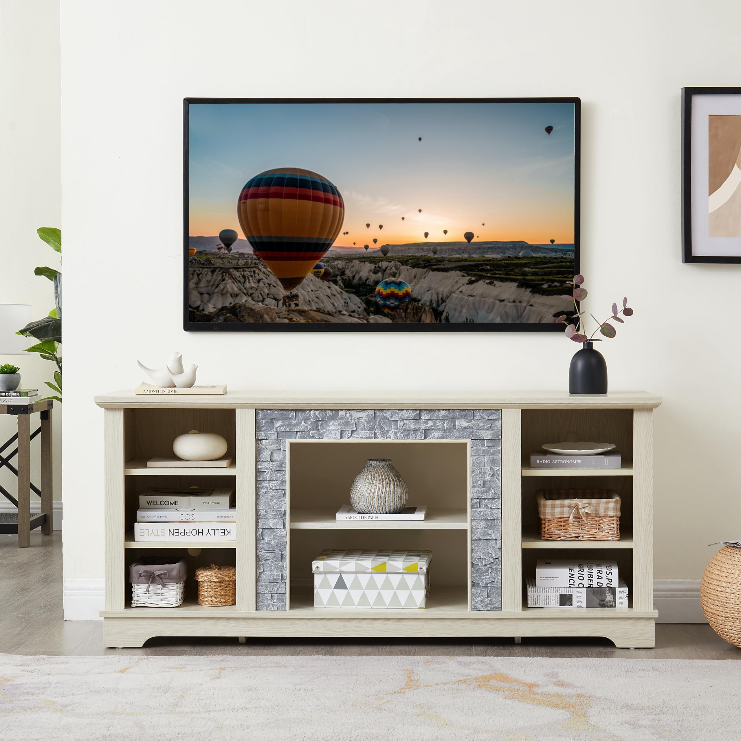 Eyisean 58" W Modern TV Stand with Large Storage Space, Entertainment Center with Faux Stacked Stone, Wood Media Console Table for TVs Up to 65", Rack for Living Room