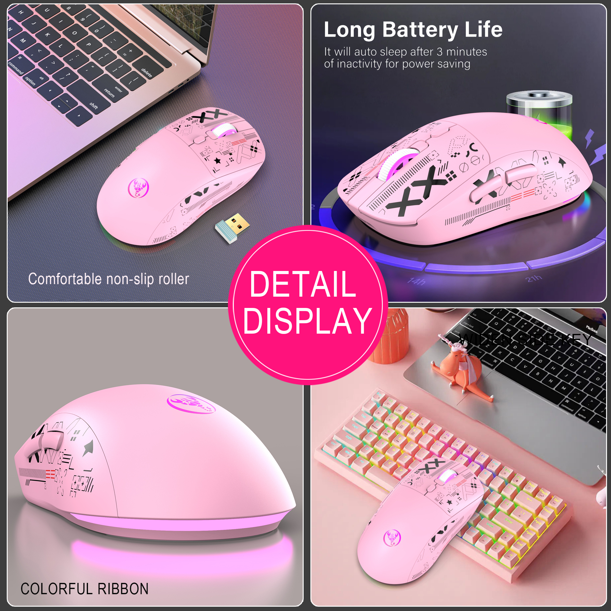 UHM Wireless Gaming Mouse,Colorful RGB Backlight,3600 DPI,Long Battery Standby,3 Mode USB-C/2.4G/Dual Bluetooth 5.3 Portable Rechargeable Gaming Mice for PC/PS5/Mac Computer and Laptop/Tablet,Pink