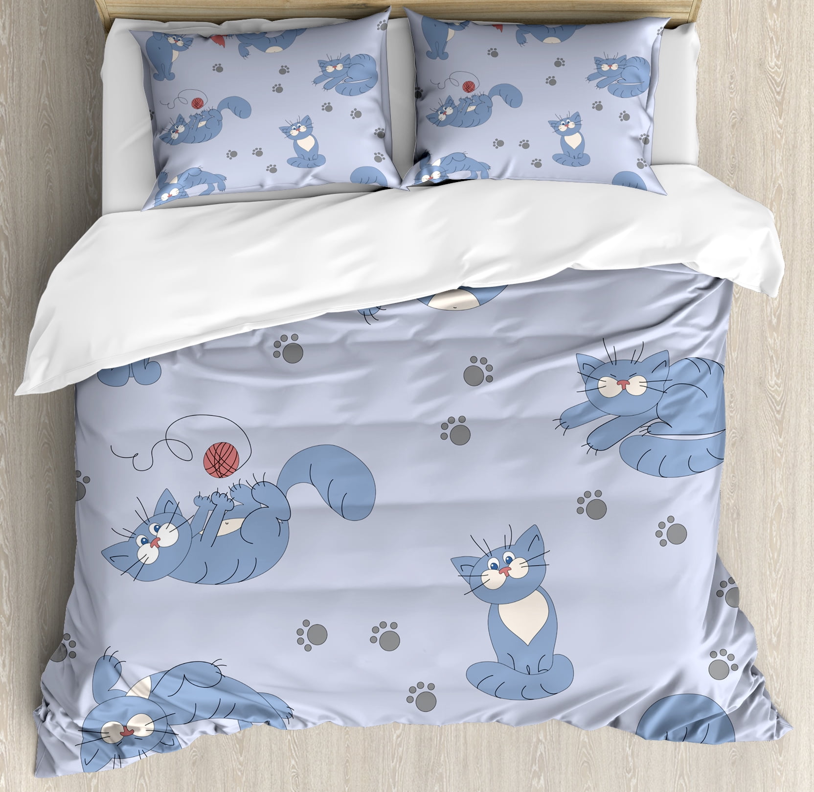 Boy S King Size Duvet Cover Set Playful Cat In Funny Poses With Boy S King Size Duvet Cover Set Playful Cat In Funny Poses With Bowtie Ball Of Yarn And A Mouse Grey Paw Prints Decorative 3 Piece Bedding 2