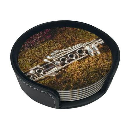 

Drink Coasters With Holder Set Of 6 Absorbent Home Pu Leather Coaster Clarinet Musical Instrument Round Mug Pad Protect Wooden Table From Scratched