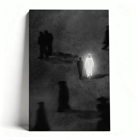 Jesus Walking With You Monochrome Canvas Wall Art, Inspirational Christian Decor, Monochromatic Figurative Artwork For Prayer Room, Ready To Hang