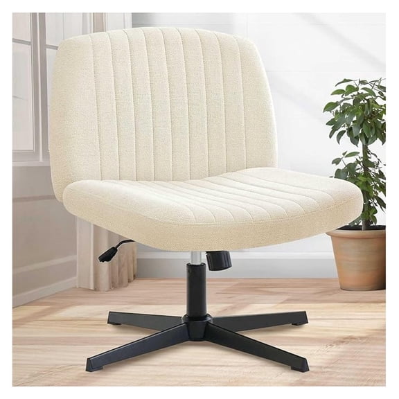HHBEAUTY Criss Cross Chair Wheels Wide Cross Legged Office Desk Vanity Dual Base Comfy Fabric Armless Adjustable Swivel for Home Computer Task (Beige)