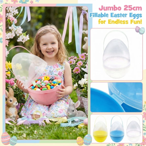 Blue Basket for Gifts, 25Cm Jumbo Plastic Easter Egg Storage Container with Handle, Reusable Fillable Holder for Easter Egg Hunt, toddler Easter Basket, Easter Party Favors for