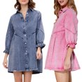 thumbnail image 4 of SAYOO Vestido de manga farol 3/4 para mujer Vestido de mezclilla suelto de cintura alta con botones de solapa de color sólido a la moda SAYOO casual, 4 of 6
