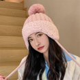 thumbnail image 3 of Gorro de pelo de conejo para mujer, protección para los oídos, lana de engrosamiento doble, gorro de lana de punto cálido, invierno, dulce y bonito, 3 of 4