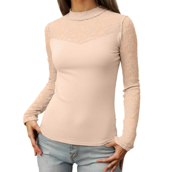 Tiweut T Shirts for Women Long Sleeve Solid Color Round Neck Lace Y2K Slim Pullover Tees,Beige