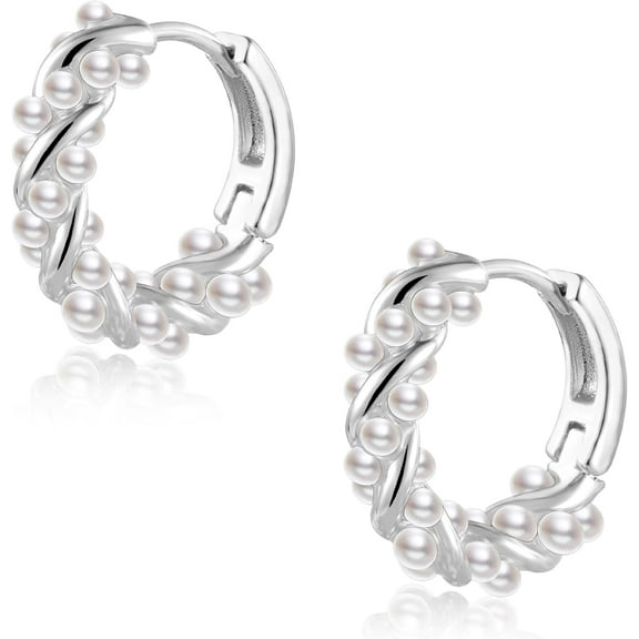 Small Pearl Hoop Earrings for Women, Twisted Huggie Hoop Earrings with Tiny Pearls Chain Link Earing Hypoallergenic Jewelry 16mm