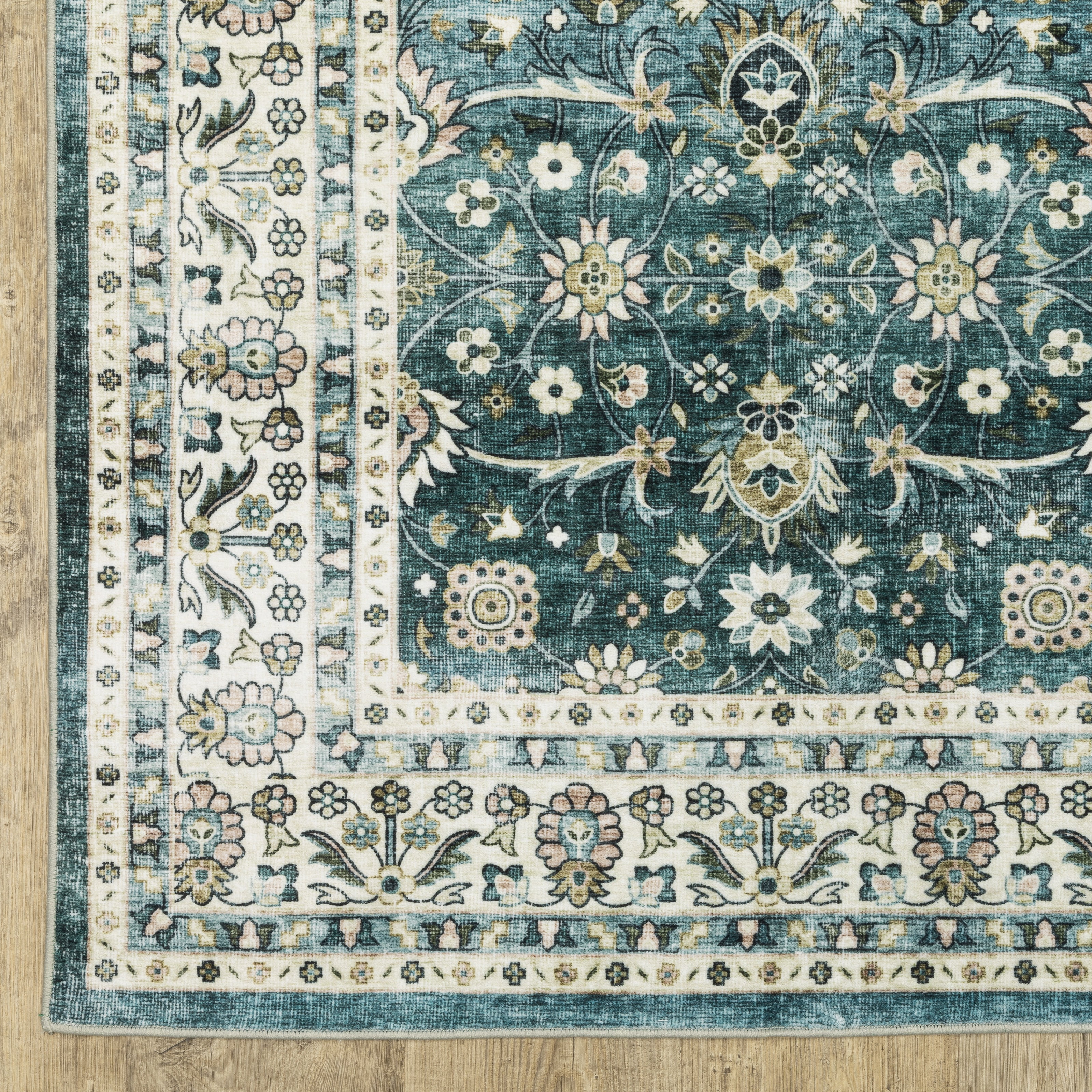 Avalon Home Sebastian Vintage Bordered Teal/ Ivory Washable Indoor Area Rug