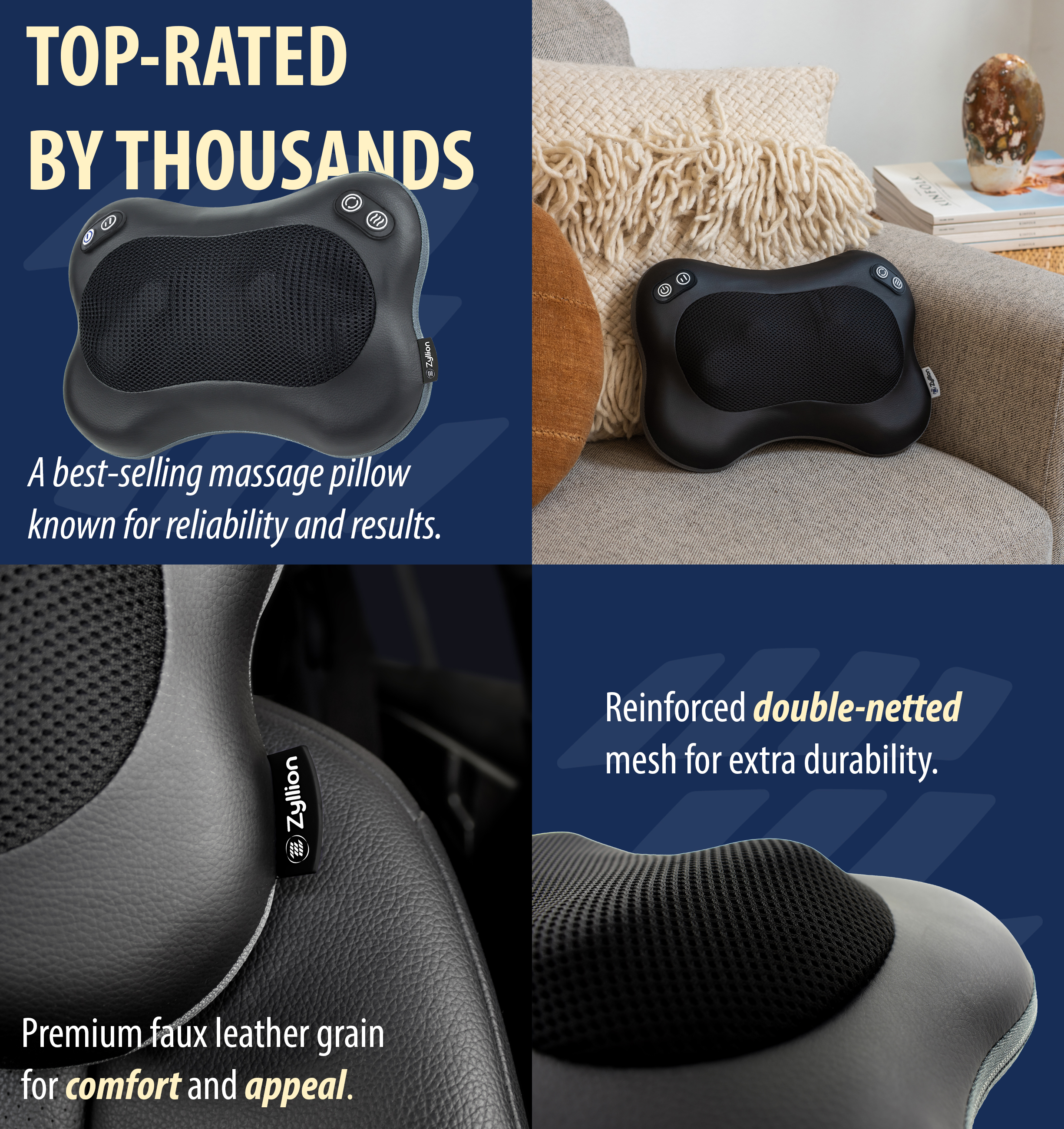 Zyllion Rechargeable Shiatsu Back & Neck Massager 3D Kneading 2-Speed Cordless Massage Pillow with Heat for Muscle Pain, Black