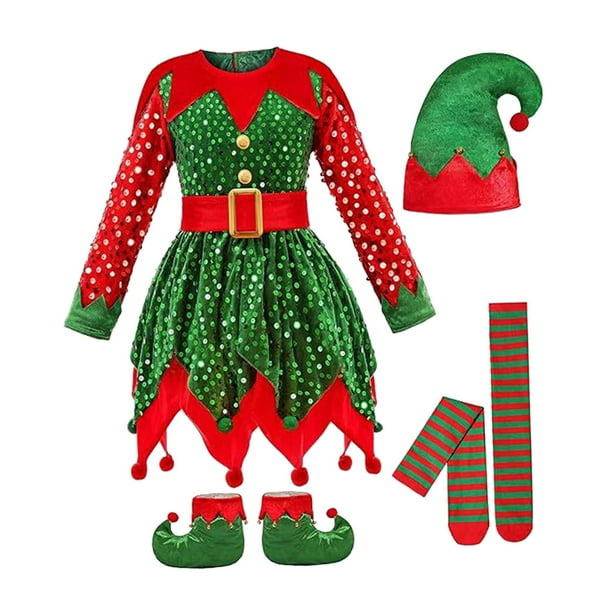 Vestido de de Navidad para Niñas con Disfraz Navideño Conjunto de Ropa de Fiesta Medias a Rayas y Gorro Material Poliéster Adecuado para 915 cm