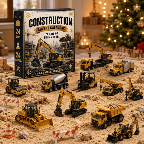 Construction Vehicles Advent Calendar 2026, 24-Day Christmas Countdown Calendar with 24 2D Acrylic Building Machines, Construction Toy Decoration Gift for Kids