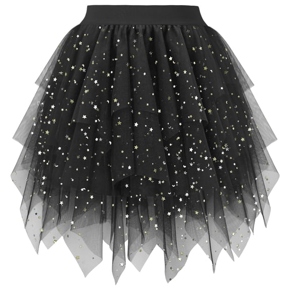 Girls Sweet Layered Mesh Skirt Sequin Sparkly High Elastic Waist Skirts Party Birthday Dance Princess Skirt for