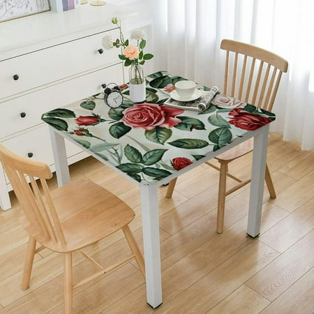 

Rose Flower Leaves Square Tablecloth 36x36 Inch Waterproof Fabric Table Cloth Stain and Resistant Washable Table Cover for Kitchen Dining Picnic Party Home