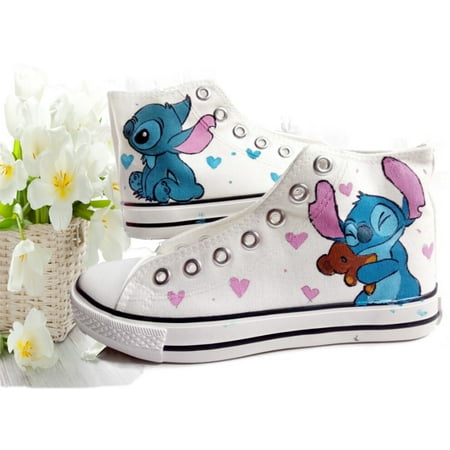 Unisex Classic Couple High Top Canvas Shoes | Cute Cartoon Lilo & Stitch Hand Drawn Sneakers | Women s Comfortable Walking Shoes