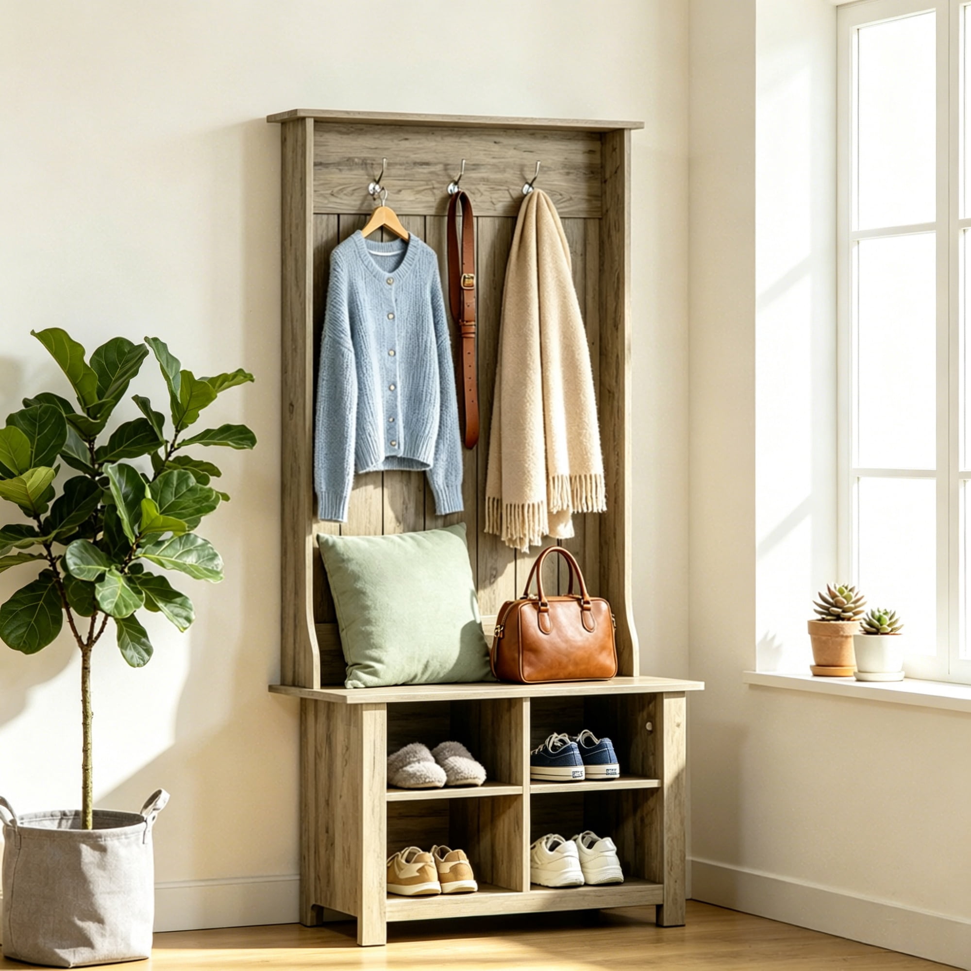 Hall Tree with Shoe Storage Bench Entryway Organizer for Living Room Hall Tree Bench Combination, Grey